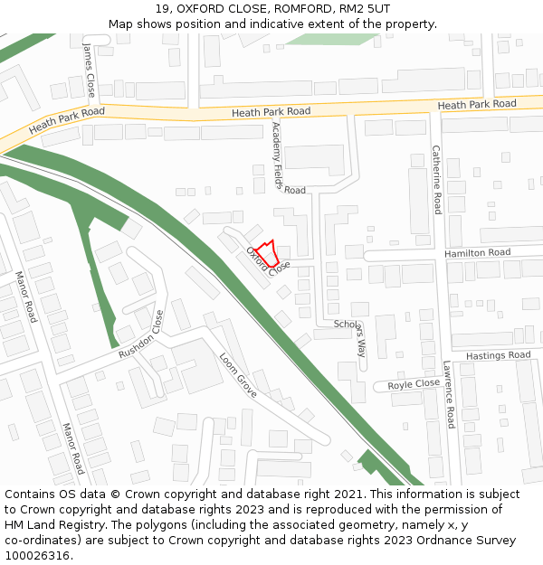 19, OXFORD CLOSE, ROMFORD, RM2 5UT: Location map and indicative extent of plot