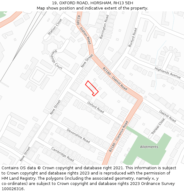 19, OXFORD ROAD, HORSHAM, RH13 5EH: Location map and indicative extent of plot