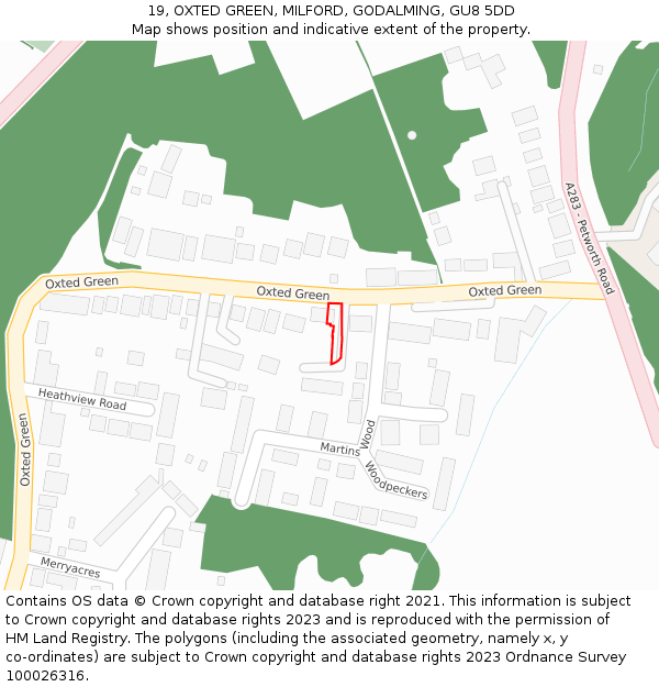 19, OXTED GREEN, MILFORD, GODALMING, GU8 5DD: Location map and indicative extent of plot
