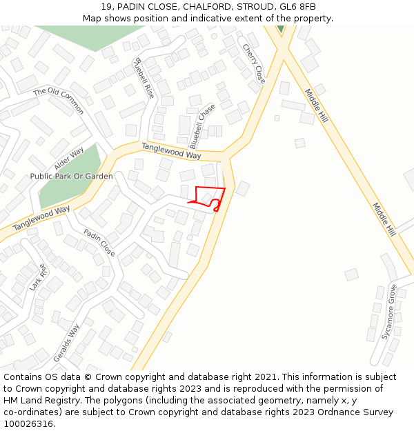 19, PADIN CLOSE, CHALFORD, STROUD, GL6 8FB: Location map and indicative extent of plot
