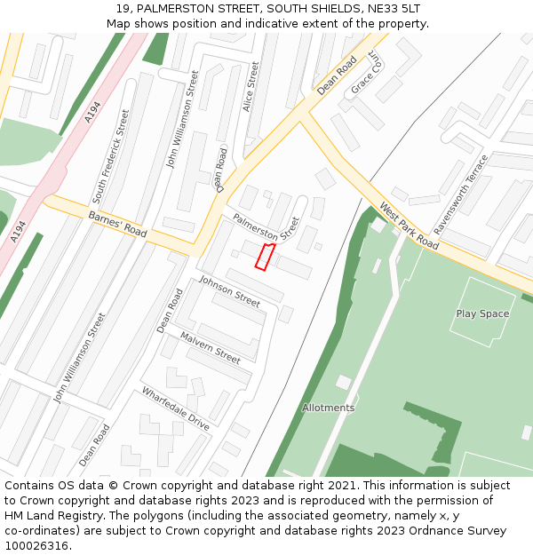 19, PALMERSTON STREET, SOUTH SHIELDS, NE33 5LT: Location map and indicative extent of plot