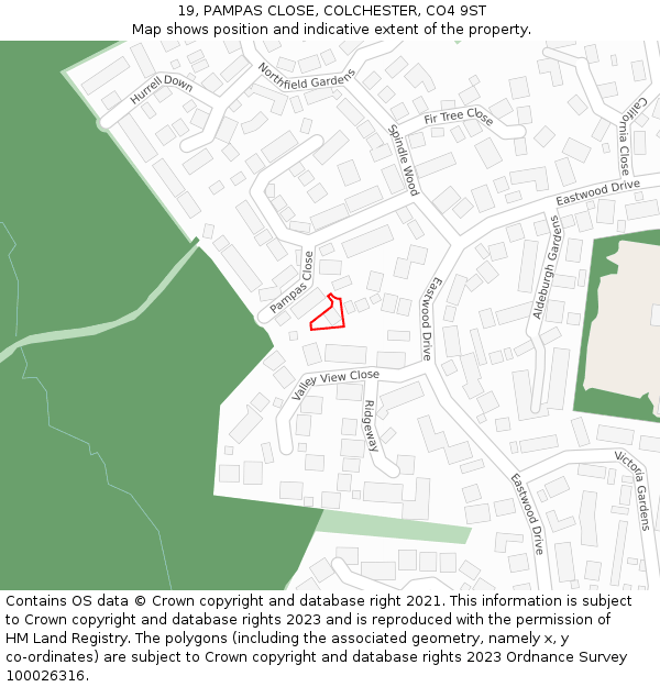 19, PAMPAS CLOSE, COLCHESTER, CO4 9ST: Location map and indicative extent of plot