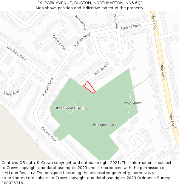 19, PARK AVENUE, DUSTON, NORTHAMPTON, NN5 6QF: Location map and indicative extent of plot