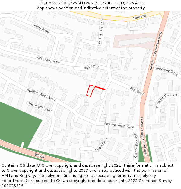 19, PARK DRIVE, SWALLOWNEST, SHEFFIELD, S26 4UL: Location map and indicative extent of plot