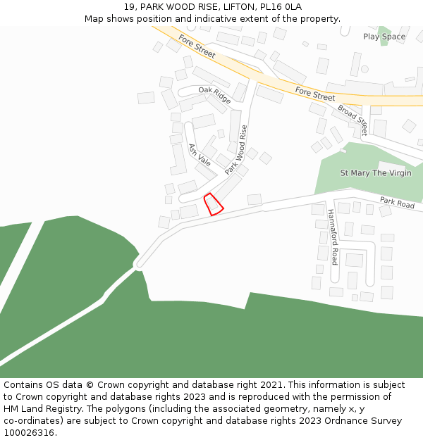 19, PARK WOOD RISE, LIFTON, PL16 0LA: Location map and indicative extent of plot