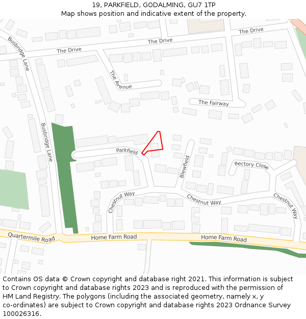 19, PARKFIELD, GODALMING, GU7 1TP: Location map and indicative extent of plot