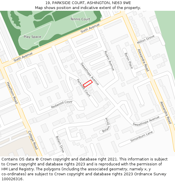 19, PARKSIDE COURT, ASHINGTON, NE63 9WE: Location map and indicative extent of plot