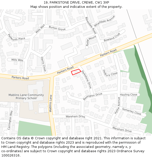 19, PARKSTONE DRIVE, CREWE, CW1 3XP: Location map and indicative extent of plot