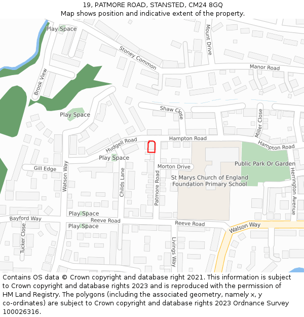 19, PATMORE ROAD, STANSTED, CM24 8GQ: Location map and indicative extent of plot