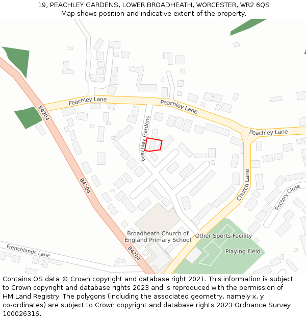 19, PEACHLEY GARDENS, LOWER BROADHEATH, WORCESTER, WR2 6QS: Location map and indicative extent of plot