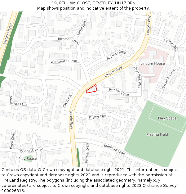 19, PELHAM CLOSE, BEVERLEY, HU17 8PN: Location map and indicative extent of plot