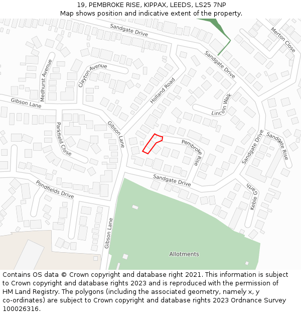 19, PEMBROKE RISE, KIPPAX, LEEDS, LS25 7NP: Location map and indicative extent of plot