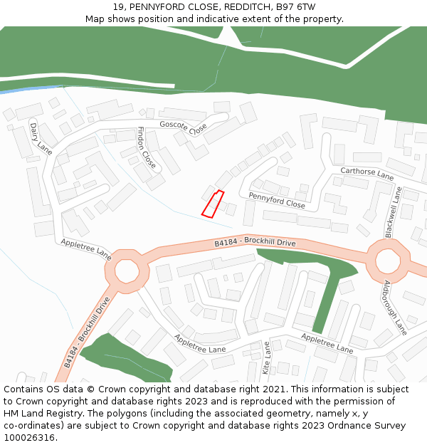 19, PENNYFORD CLOSE, REDDITCH, B97 6TW: Location map and indicative extent of plot