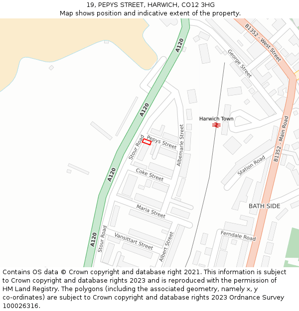 19, PEPYS STREET, HARWICH, CO12 3HG: Location map and indicative extent of plot