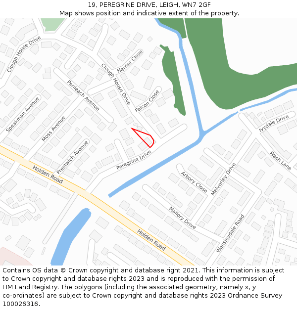 19, PEREGRINE DRIVE, LEIGH, WN7 2GF: Location map and indicative extent of plot