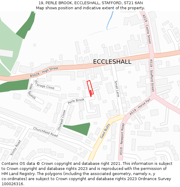 19, PERLE BROOK, ECCLESHALL, STAFFORD, ST21 6AN: Location map and indicative extent of plot