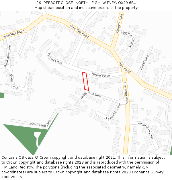 19, PERROTT CLOSE, NORTH LEIGH, WITNEY, OX29 6RU: Location map and indicative extent of plot