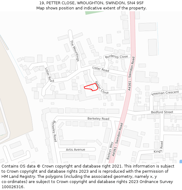 19, PETTER CLOSE, WROUGHTON, SWINDON, SN4 9SF: Location map and indicative extent of plot