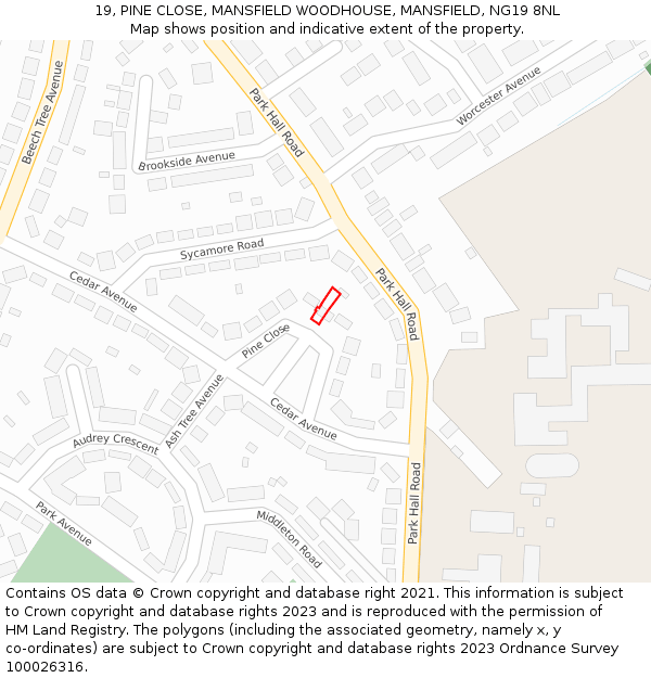 19, PINE CLOSE, MANSFIELD WOODHOUSE, MANSFIELD, NG19 8NL: Location map and indicative extent of plot