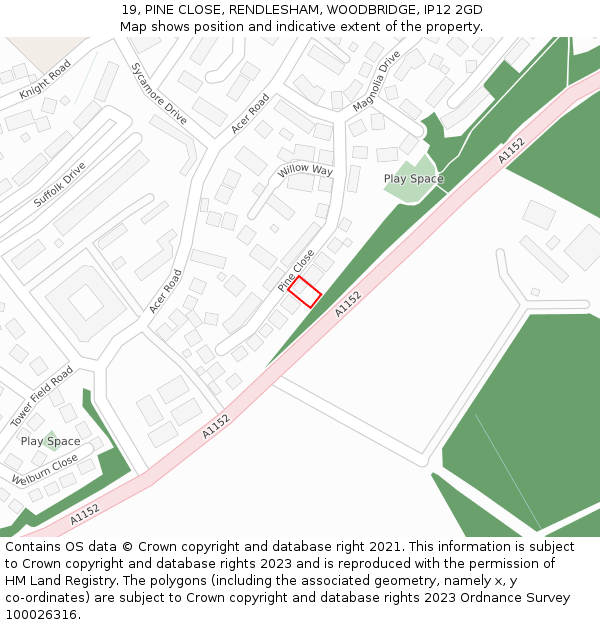 19, PINE CLOSE, RENDLESHAM, WOODBRIDGE, IP12 2GD: Location map and indicative extent of plot