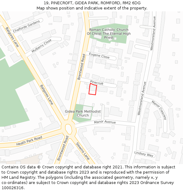 19, PINECROFT, GIDEA PARK, ROMFORD, RM2 6DG: Location map and indicative extent of plot