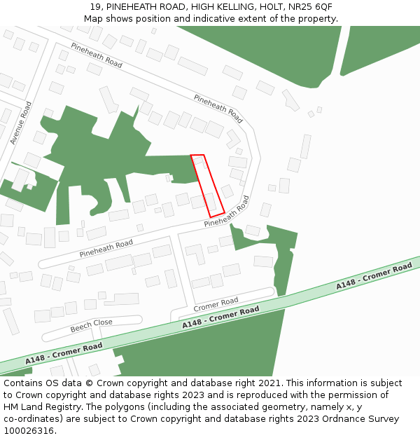 19, PINEHEATH ROAD, HIGH KELLING, HOLT, NR25 6QF: Location map and indicative extent of plot