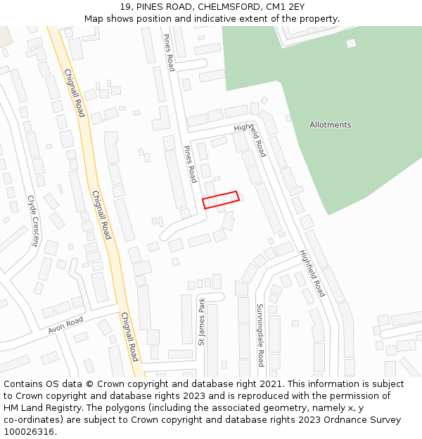 19, PINES ROAD, CHELMSFORD, CM1 2EY: Location map and indicative extent of plot