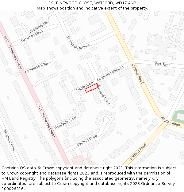 19, PINEWOOD CLOSE, WATFORD, WD17 4NP: Location map and indicative extent of plot