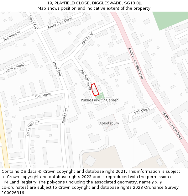 19, PLAYFIELD CLOSE, BIGGLESWADE, SG18 8JL: Location map and indicative extent of plot