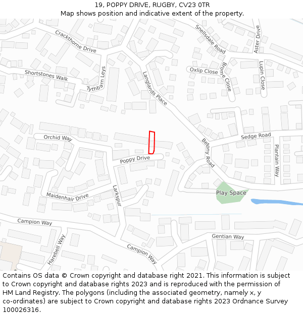 19, POPPY DRIVE, RUGBY, CV23 0TR: Location map and indicative extent of plot