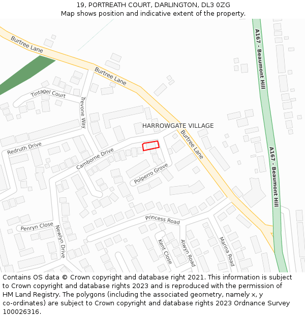 19, PORTREATH COURT, DARLINGTON, DL3 0ZG: Location map and indicative extent of plot