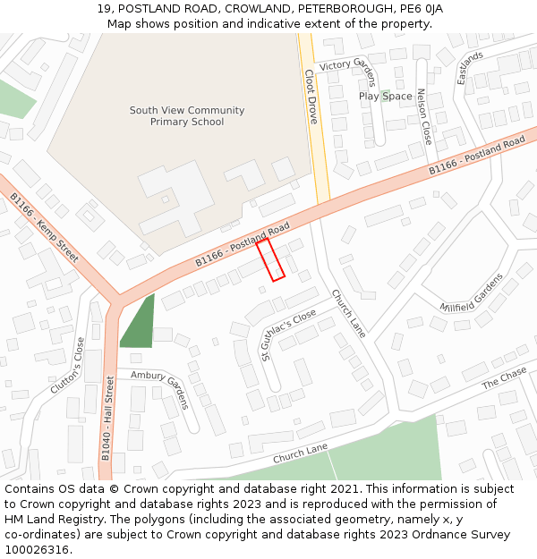 19, POSTLAND ROAD, CROWLAND, PETERBOROUGH, PE6 0JA: Location map and indicative extent of plot