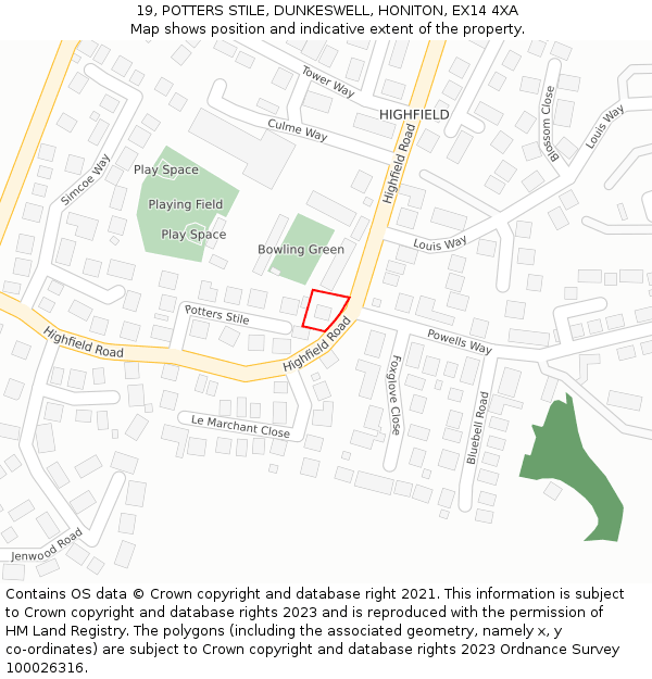 19, POTTERS STILE, DUNKESWELL, HONITON, EX14 4XA: Location map and indicative extent of plot