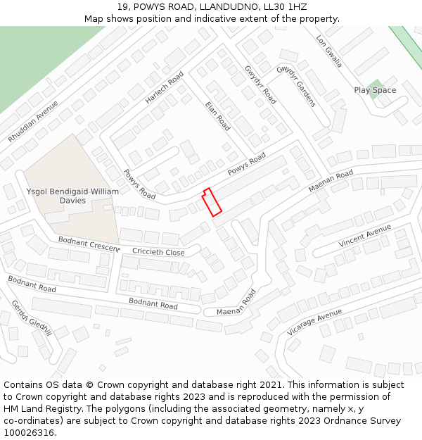 19, POWYS ROAD, LLANDUDNO, LL30 1HZ: Location map and indicative extent of plot