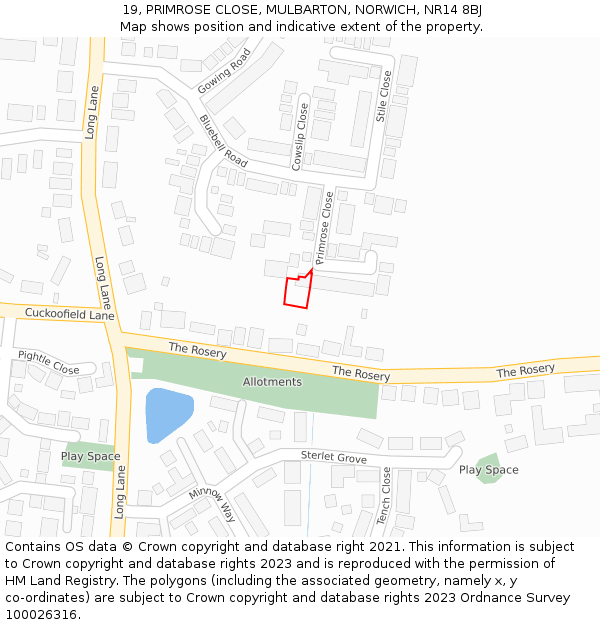 19, PRIMROSE CLOSE, MULBARTON, NORWICH, NR14 8BJ: Location map and indicative extent of plot