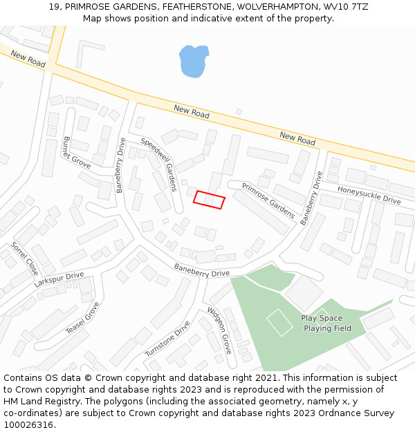 19, PRIMROSE GARDENS, FEATHERSTONE, WOLVERHAMPTON, WV10 7TZ: Location map and indicative extent of plot