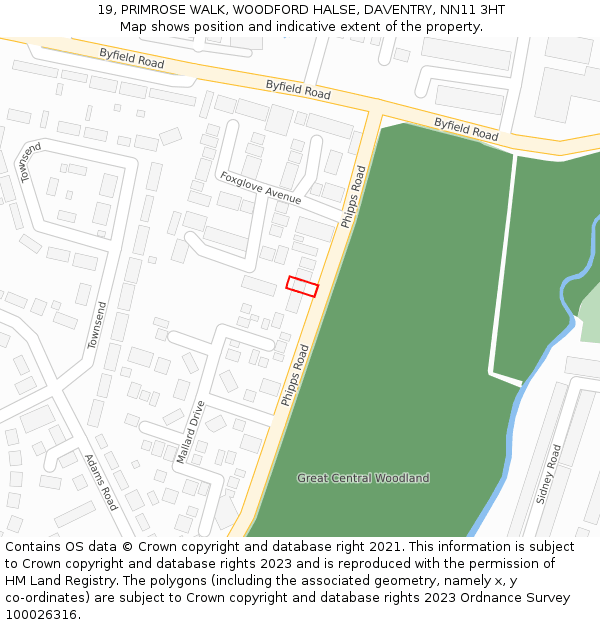 19, PRIMROSE WALK, WOODFORD HALSE, DAVENTRY, NN11 3HT: Location map and indicative extent of plot