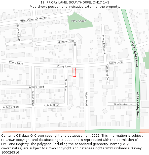 19, PRIORY LANE, SCUNTHORPE, DN17 1HS: Location map and indicative extent of plot