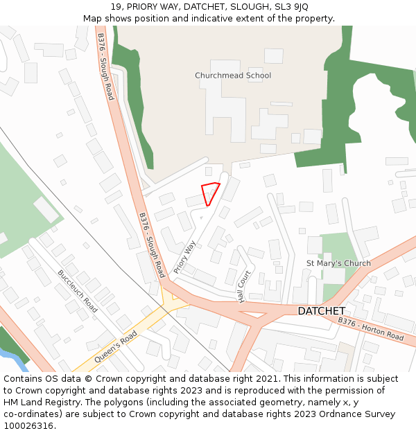 19, PRIORY WAY, DATCHET, SLOUGH, SL3 9JQ: Location map and indicative extent of plot