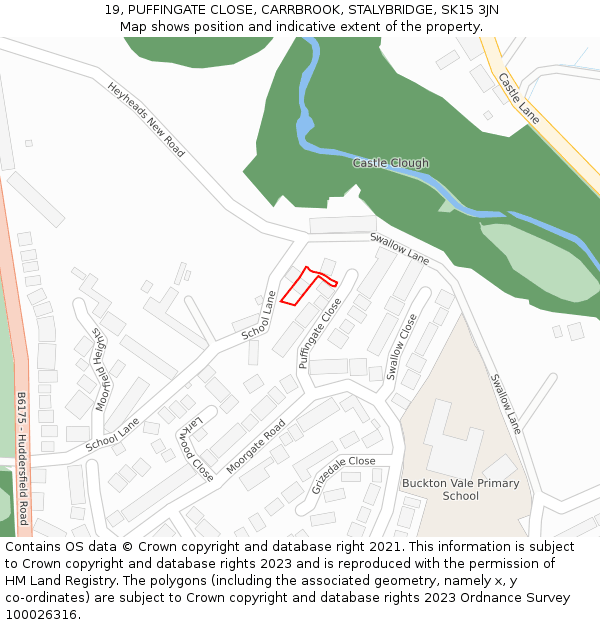 19, PUFFINGATE CLOSE, CARRBROOK, STALYBRIDGE, SK15 3JN: Location map and indicative extent of plot