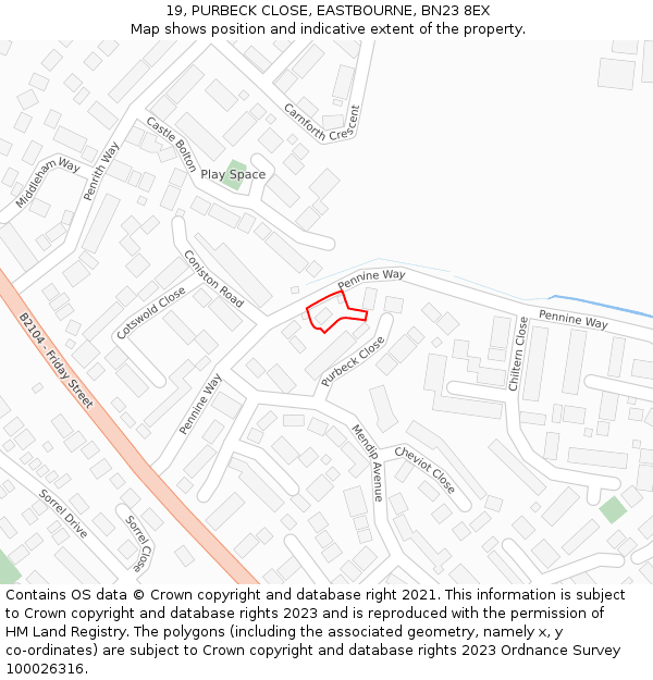 19, PURBECK CLOSE, EASTBOURNE, BN23 8EX: Location map and indicative extent of plot