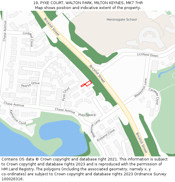 19, PYXE COURT, WALTON PARK, MILTON KEYNES, MK7 7HR: Location map and indicative extent of plot