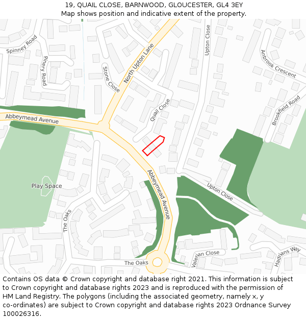19, QUAIL CLOSE, BARNWOOD, GLOUCESTER, GL4 3EY: Location map and indicative extent of plot