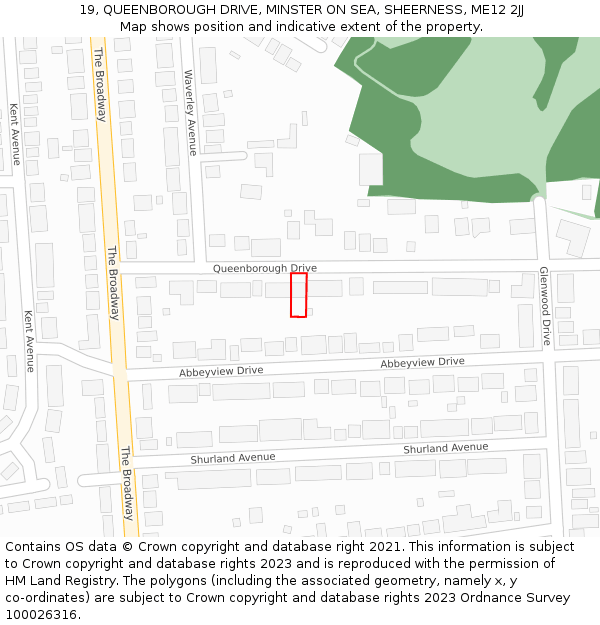 19, QUEENBOROUGH DRIVE, MINSTER ON SEA, SHEERNESS, ME12 2JJ: Location map and indicative extent of plot
