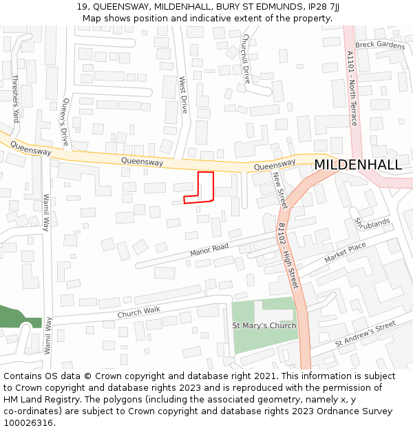 19, QUEENSWAY, MILDENHALL, BURY ST EDMUNDS, IP28 7JJ: Location map and indicative extent of plot