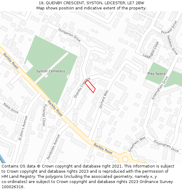 19, QUENBY CRESCENT, SYSTON, LEICESTER, LE7 2BW: Location map and indicative extent of plot