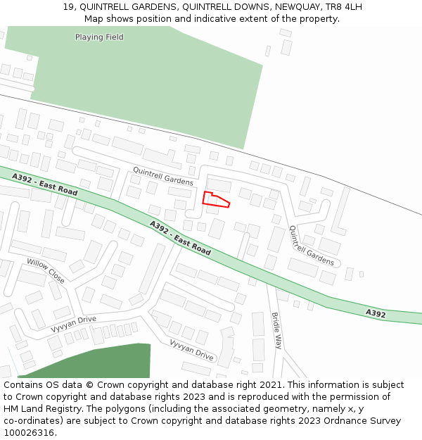 19, QUINTRELL GARDENS, QUINTRELL DOWNS, NEWQUAY, TR8 4LH: Location map and indicative extent of plot