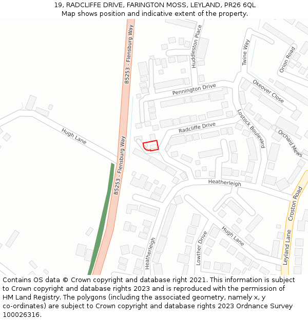 19, RADCLIFFE DRIVE, FARINGTON MOSS, LEYLAND, PR26 6QL: Location map and indicative extent of plot