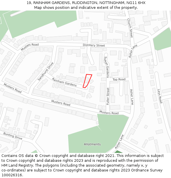 19, RAINHAM GARDENS, RUDDINGTON, NOTTINGHAM, NG11 6HX: Location map and indicative extent of plot