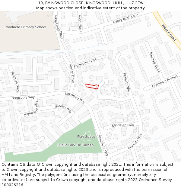 19, RAINSWOOD CLOSE, KINGSWOOD, HULL, HU7 3EW: Location map and indicative extent of plot